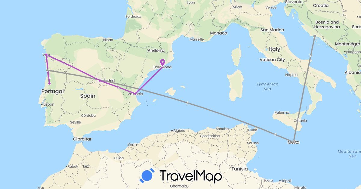 TravelMap itinerary: driving, plane, train in Spain, Croatia, Malta, Portugal (Europe)